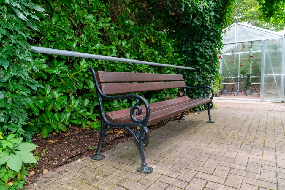 Sitzbank und Orangerie im Garten des B+O Seniorenzentrums Brühl